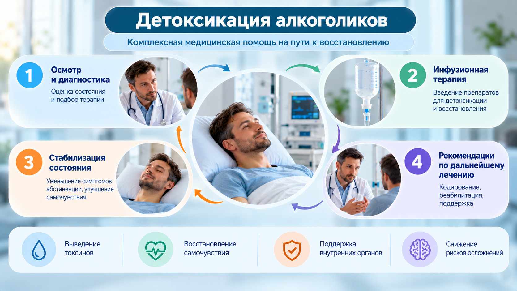 Инфографика с четырьмя этапами детоксикации при алкогольной зависимости: осмотр нарколога, инфузионная терапия, стабилизация состояния и рекомендации по дальнейшему лечению.