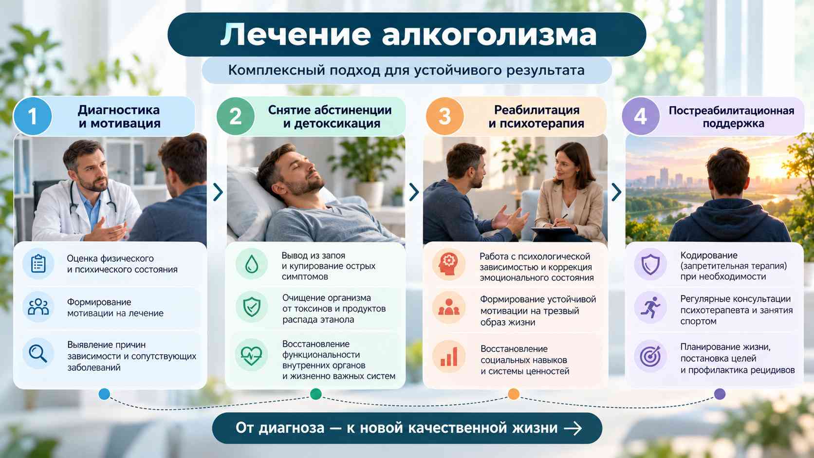 Инфографика об этапах комплексного лечения алкоголизма: диагностика, мотивация, детоксикация, психотерапия, реабилитация и постреабилитационная поддержка.
